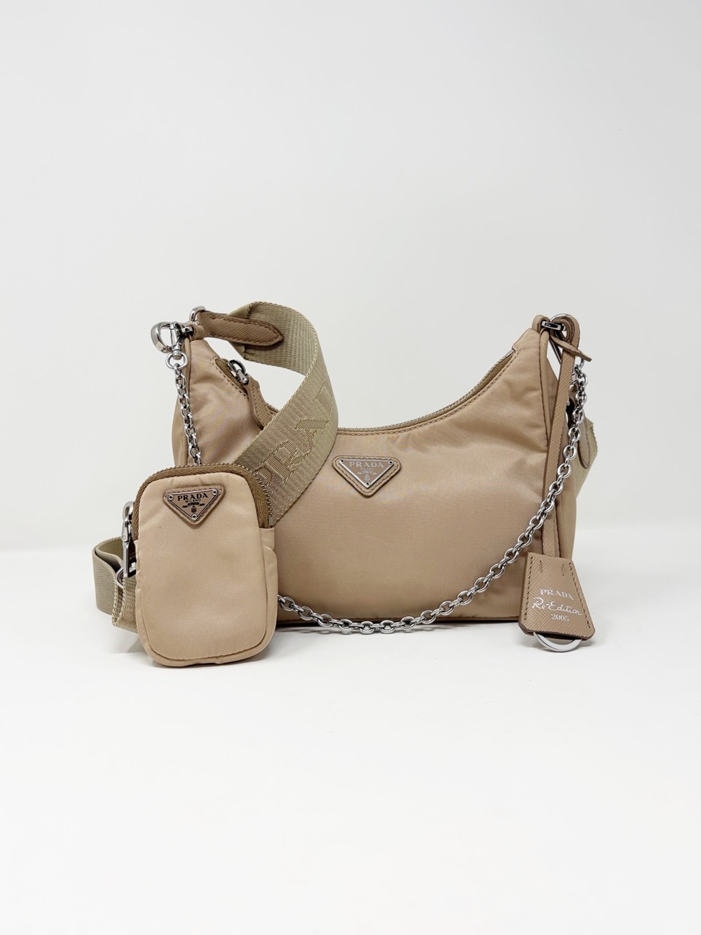 Prada Re-Edition Taupe Nylon Shoulder Bag with Chain and Pouch